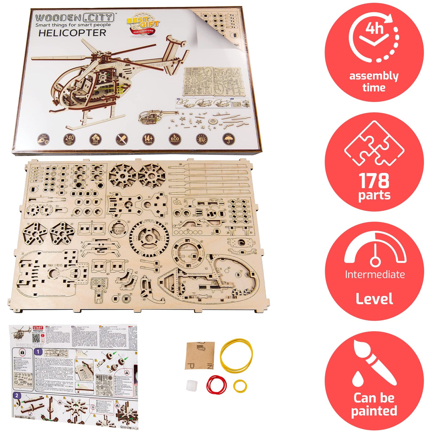 WOODEN.CITY Helicopter 3D Wooden Puzzle – Wooden Model Kit for Adults, 173-Piece Mechanical Helicopter with Working Rotor, DIY Aircraft Model, Made in EU