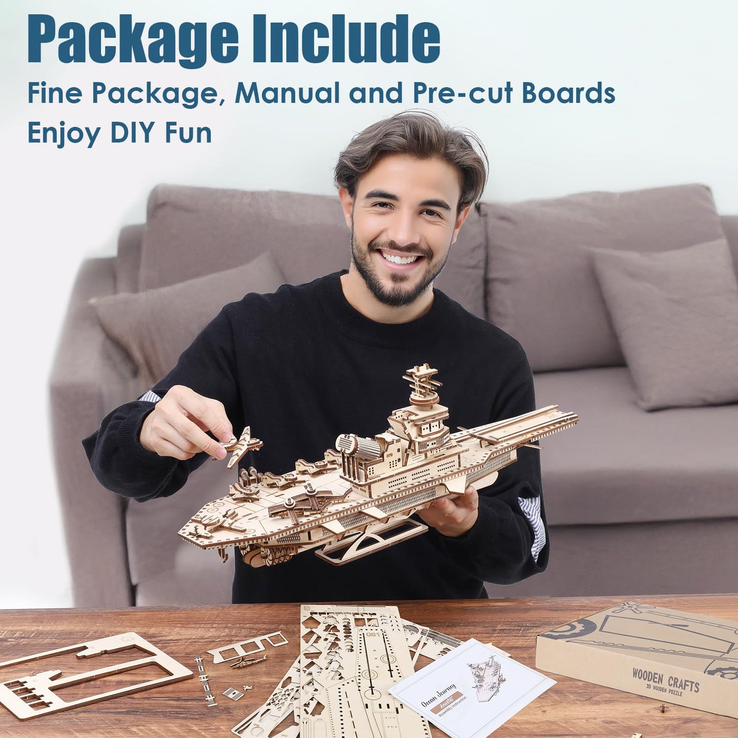 Herseme 3D Wooden Puzzles for Adults, 242 PCS 3D Puzzles for Adults- Brain Teaser Wooden Puzzles for Father/Son, Gifts for Fathe/Son, Decompression 3D Puzzle Wood Models Kits (1.Aircraft Carrier)