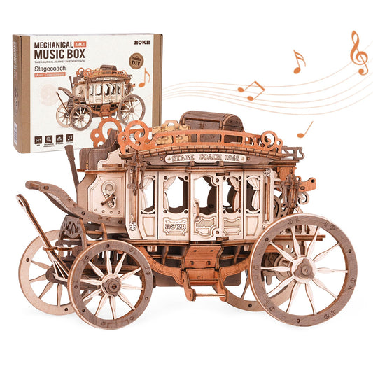 ROKR 3D Wooden Puzzles for Adults-Stagecoach Music Box Kit-DIY Wood Model Kits for Adults-Toy Gifts for Ages 14 and Up