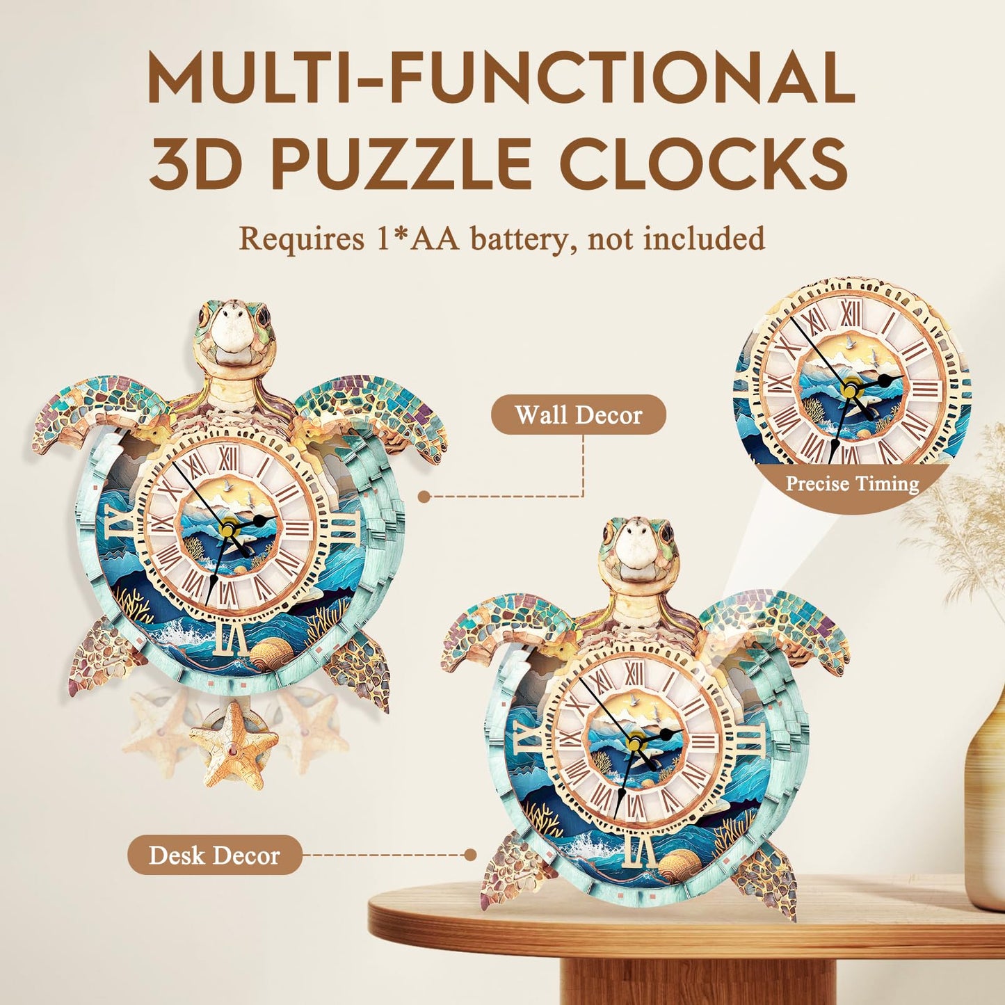 Cutywood 3D Puzzles for Adults Clock-Turtle Design Model Kit-Mechanical DIY Pendulum Clock with Roman Numerals-Desk Home Office Decor Personalized Gift for DIY Lovers