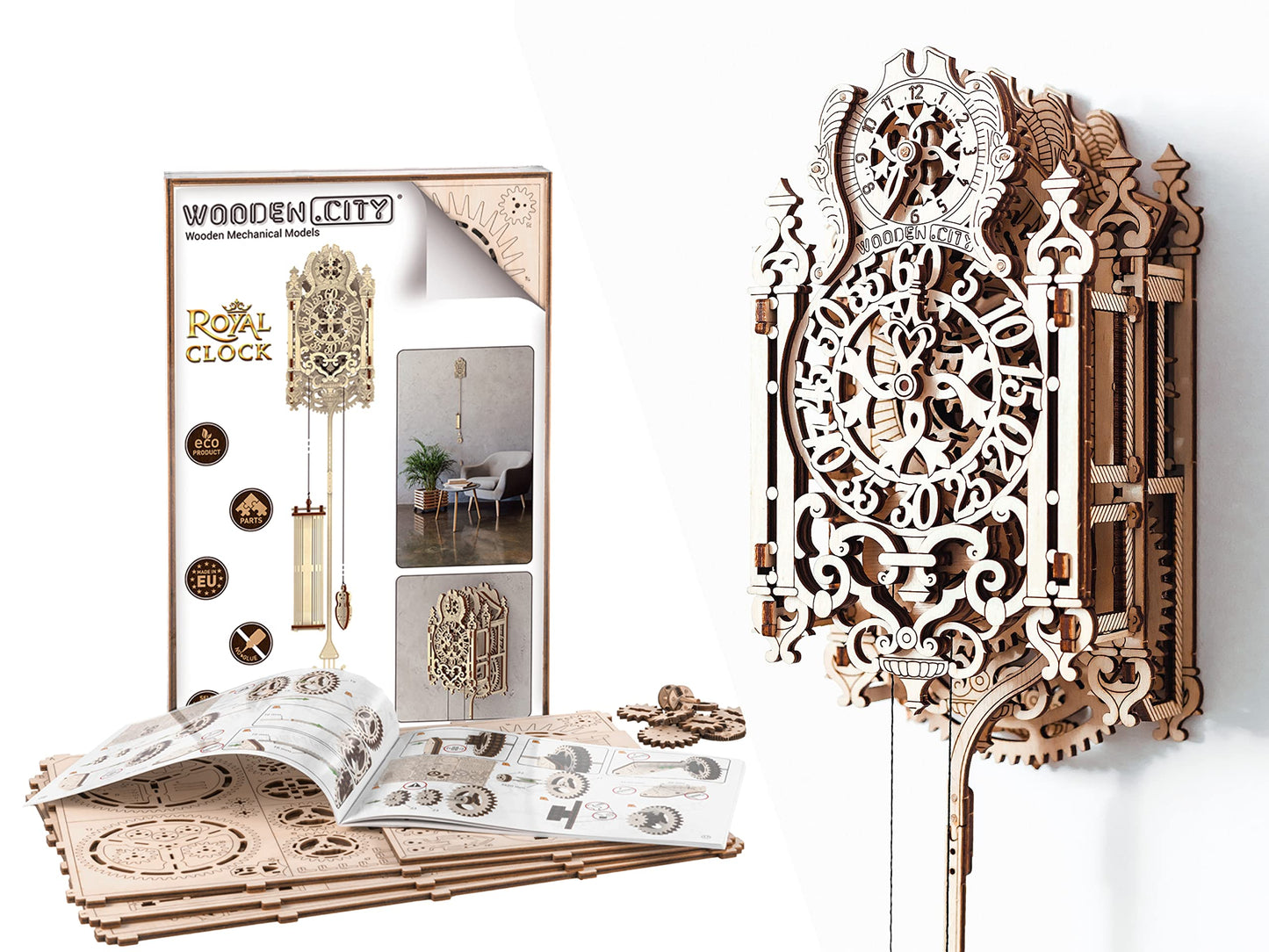 WOODEN.CITY Royal Wall Clock Kit 3D Puzzle, Wooden Clock Model - 126 Pieces, Mechanical Pendulum, Coin-Operated, Rococo Style, Expert, Unisex, Ages 14+, WR314