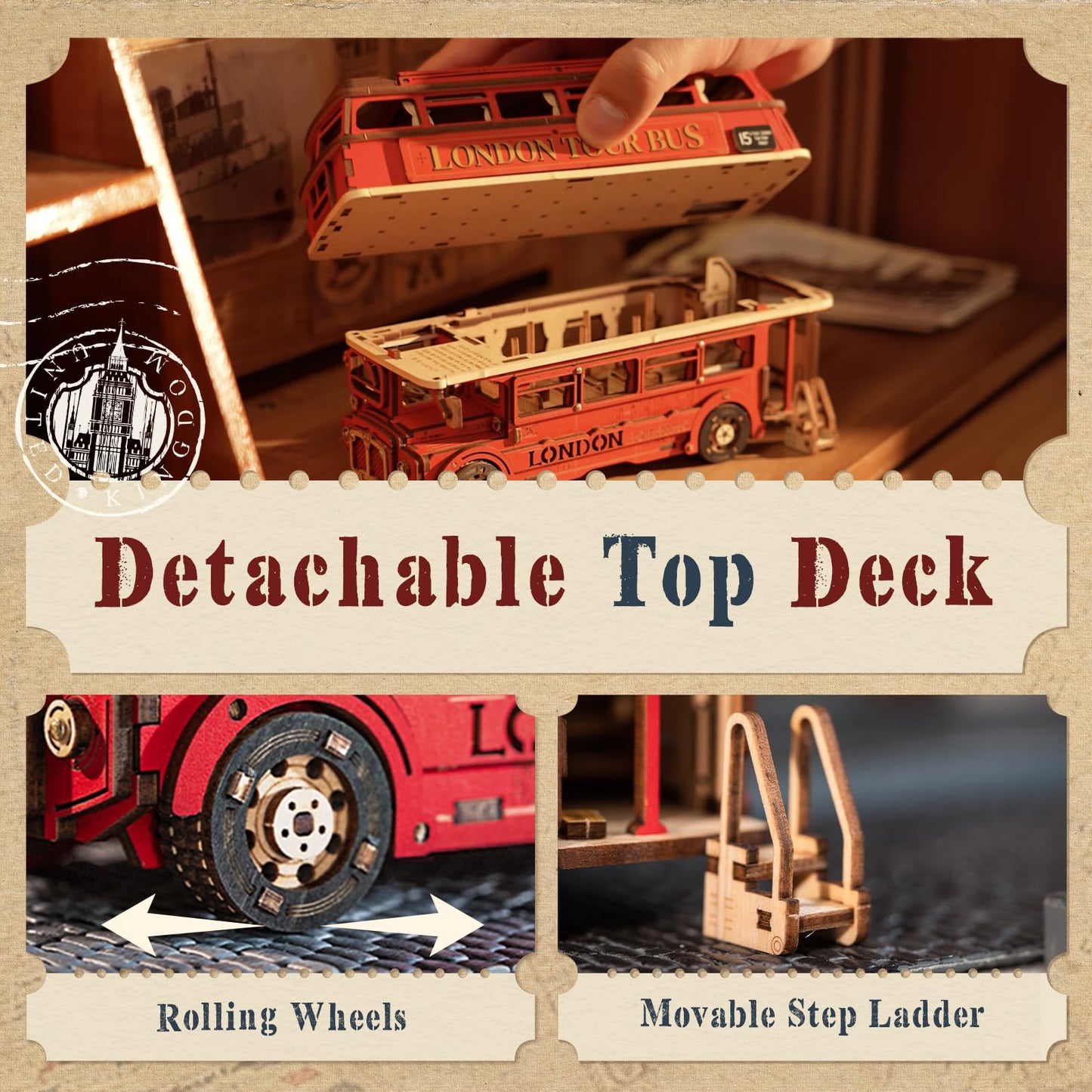 ROBOTIME 3D Puzzles for Adults Wooden Puzzle London Tour Bus DIY Model Kit to Build Educational Brain Teaser Toy for Craft Decor Gift