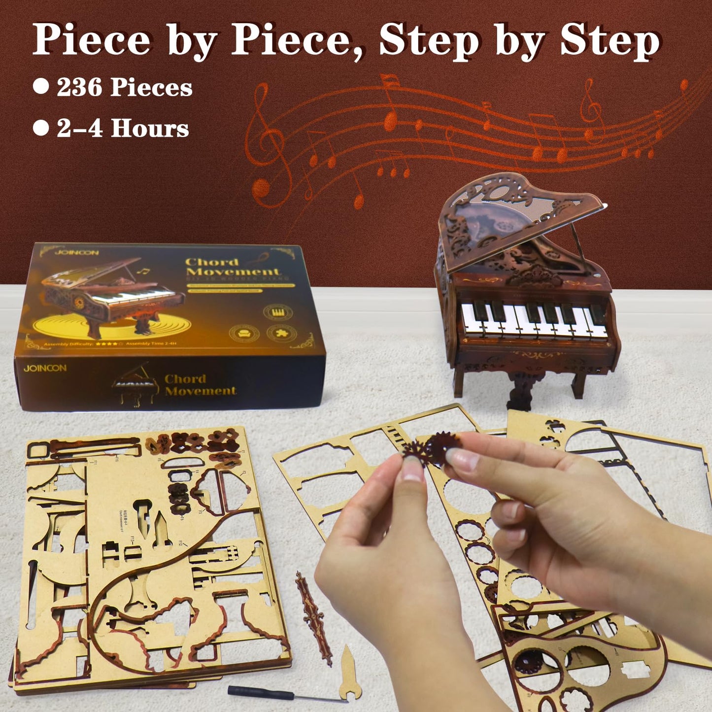 3D Wooden Puzzles for Adults, 236pcs Playable Piano Model Kit 1:20 Scale Building Puzzles Wooden Music Box, Mechanical 3D Puzzles Musical Instrument, Creative Finger Piano Desk Decor Unique Gift