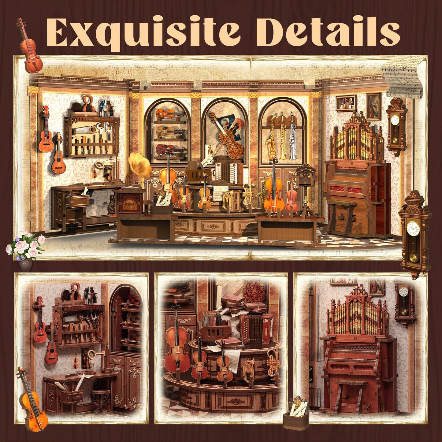 Cutefun Book Nook Kit - DIY Miniature House Dollhouse Kit, Book Nook Kits for Adults, Bookshelf Insert Bookend with LED Light for Teens and Adults (Bach Strings)