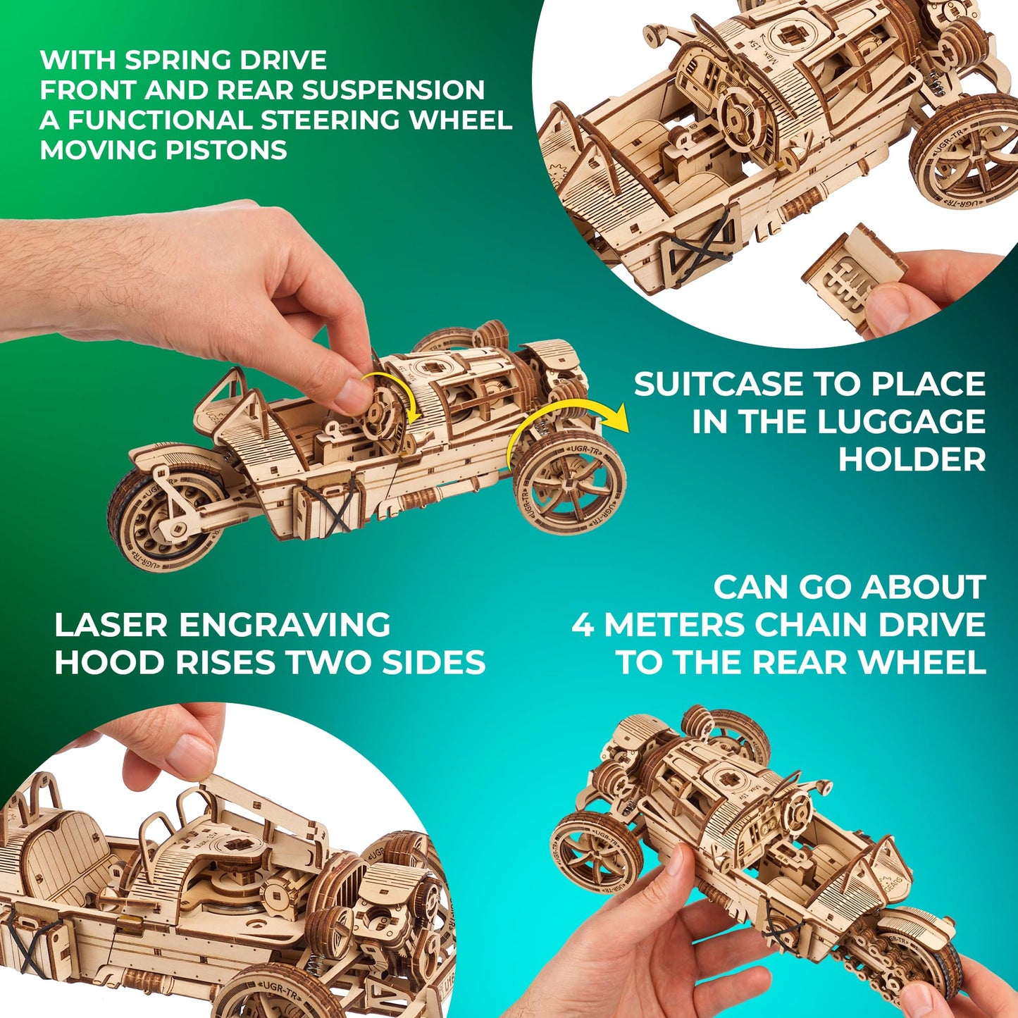 UGEARS Wooden 3D Puzzles for Adults - Three-Wheeler UGR-S Motorcycle Model Kit with Spring Motor, Functional Steering and Chain Drive – DIY Model for Motorcycle Enthusiasts 457 Pcs