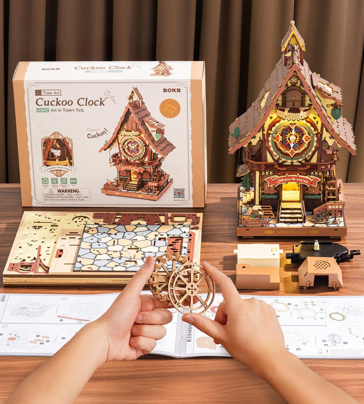 ROKR Cuckoo Clock Mechanical 3D Wooden Puzzle Kit for Adults, DIY Wooden Clock Model Building Set, Unique Home Decor Gift for Women Men