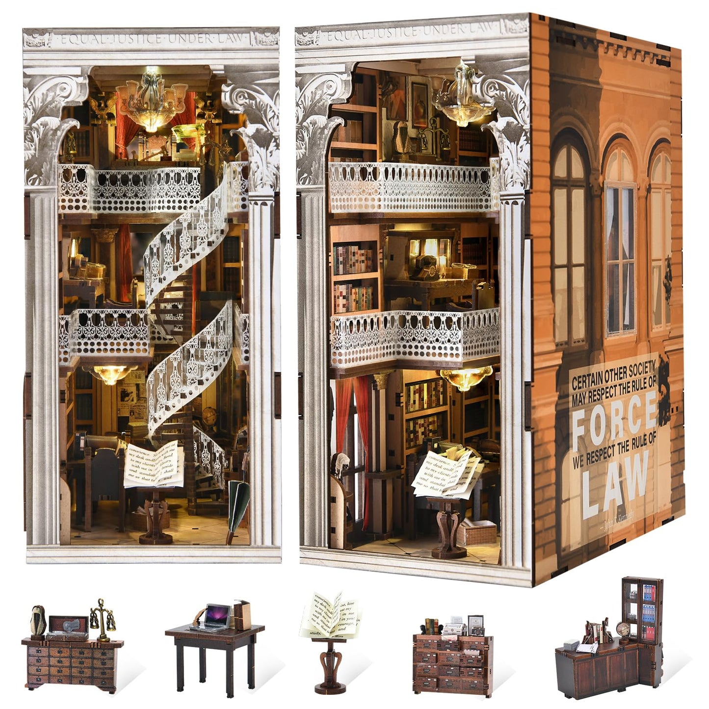 CCCDF DIY Book Nook Kit for Adults and Teens, Miniature Dollhouse Booknook Kit, 3D Wooden Puzzle Booknook Bookshelf Bookcase Model Build Kit Decor Alley with LED Light (Law Library)