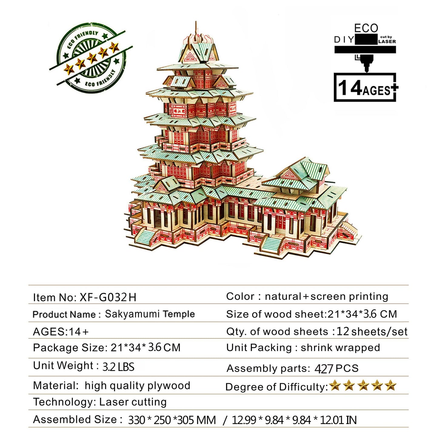 3D Puzzle Wooden Craft Kits,Temple Building 3D Wooden Puzzle Model,3D Puzzles for Adults DIY Model Building Kit,Age 15+ Assembly Home Decors DIY Brain Teaser Projects/Challenge for Adults (427piece)