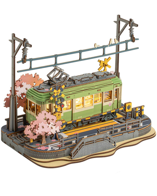 ROBOTIME 3D Puzzles for Adults DIY Model Building Toy with LED Light Wooden Craft Kits Diorama Tram Hobby for Brain Teaser Gift (Sakura Journey)