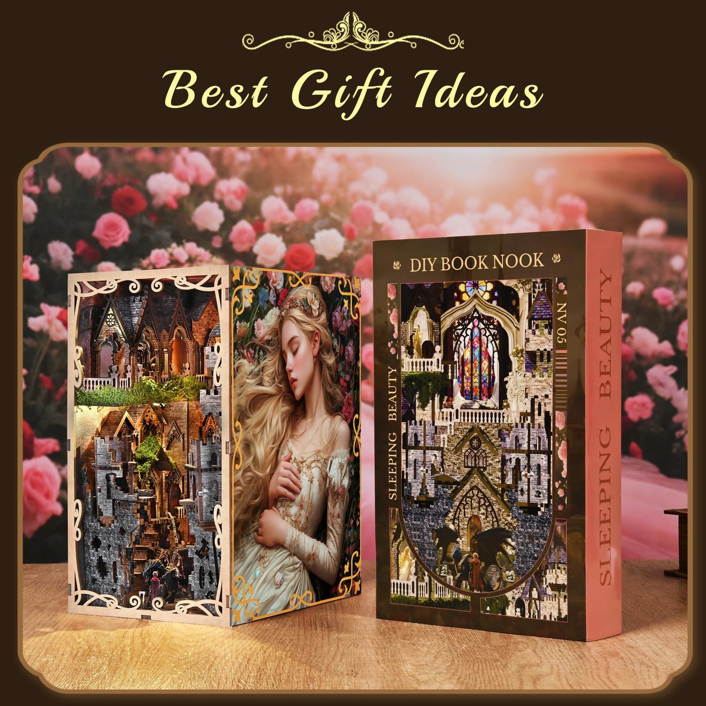 CCCDF Book Nook Kit, DIY Miniature Dollhouse Booknook Kit, 3D Wooden Puzzle Bookend Bookshelf with LED Light for Adults Teens, Gifts for Family and Friends (Sleeping Beauty)