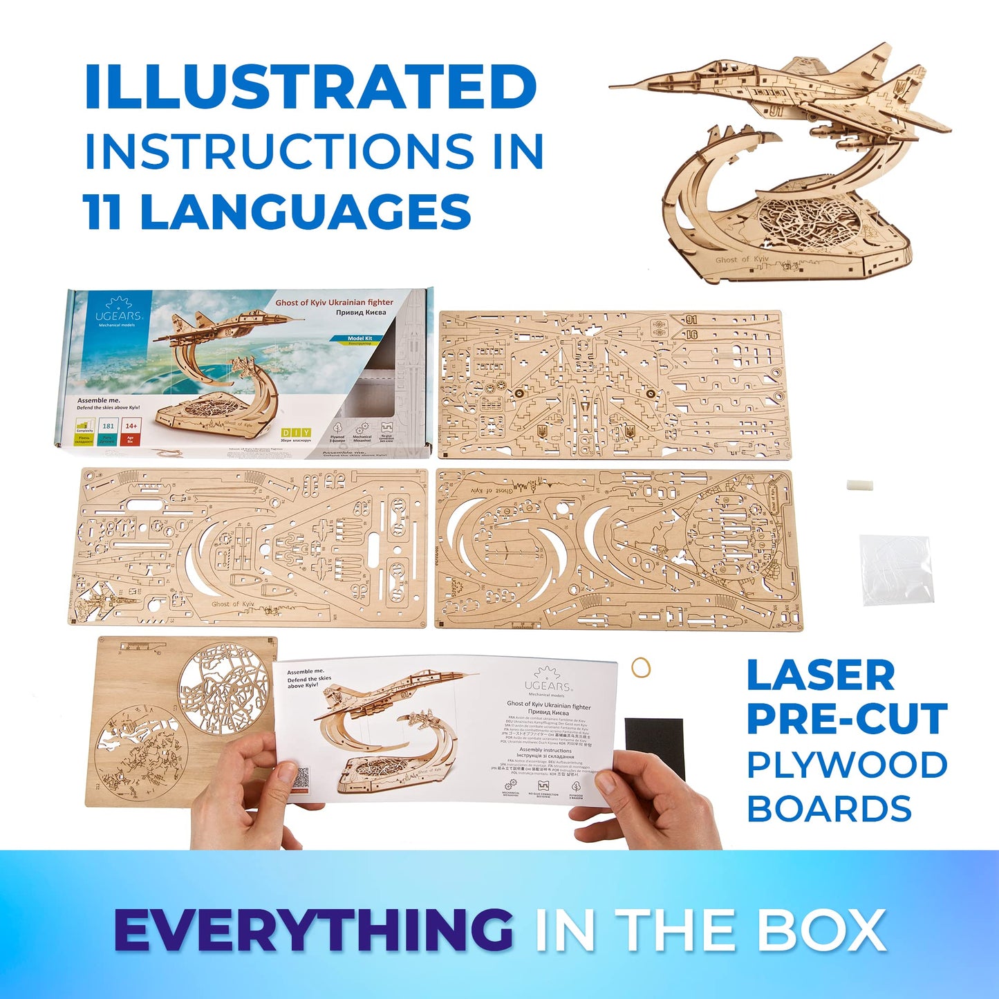 UGEARS Wooden Airplane Model Kits - The Ghost of Kyiv Ukrainian Fighter Jet Model Kit with Movable Ailerons, Wing Flaps & Tail Rudders - MiG-29 Military Aircraft - 3D Puzzles for Adults