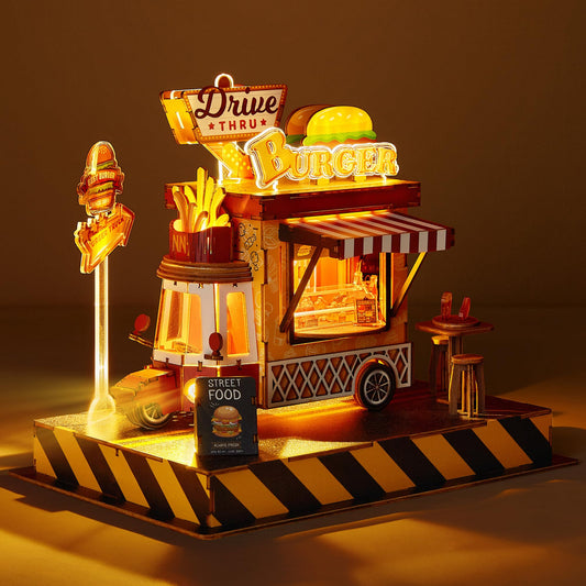 FUNPOLA 3D Wood Puzzle Burger Truck Model - DIY Miniature Food Truck Dollhouse Vehicle Craft Kit with LED Lights - Perfect Creative Gift for Kids and Adults(Burger Truck)
