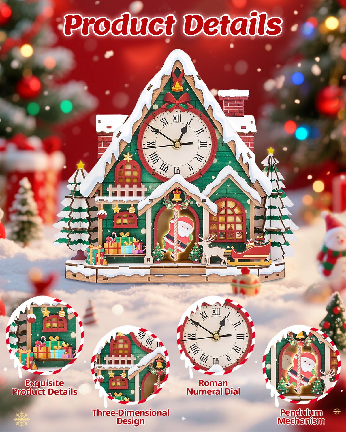 Swathie 3D Wooden Puzzles for Adults, Christmas House Clock with Pendulum Model Kit, 3D Puzzles for Adults Room Home Desk Decor DIY Clock Kit, Holiday Birthday Christmas Day Gifts for Men Women Teens