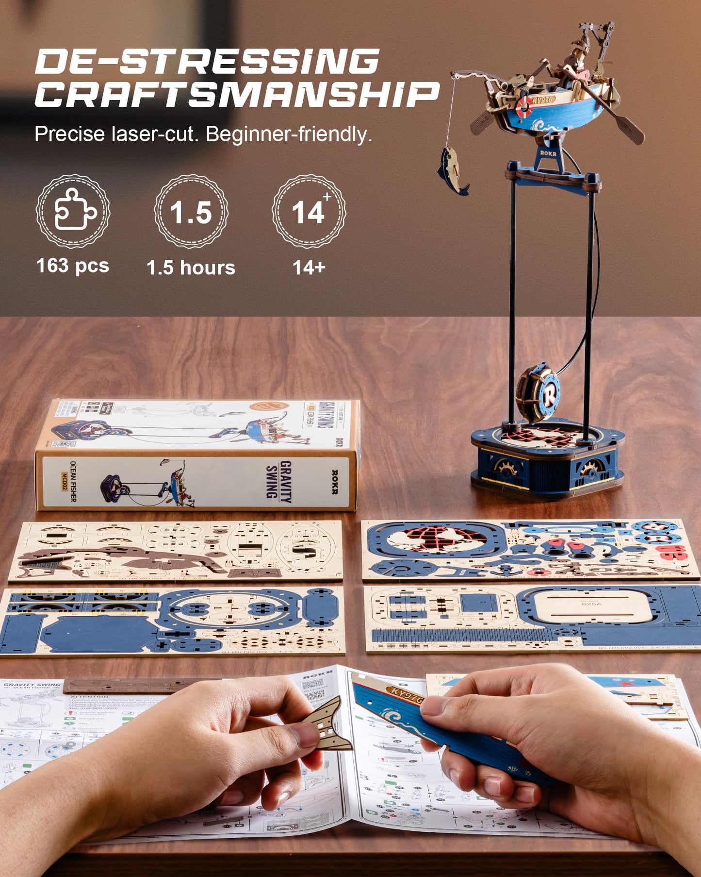 ROKR 3D Wooden Puzzles for Adults,Gravity Swing Ocean Fisher Model kit, 161Piece 3D Puzzles for Adults