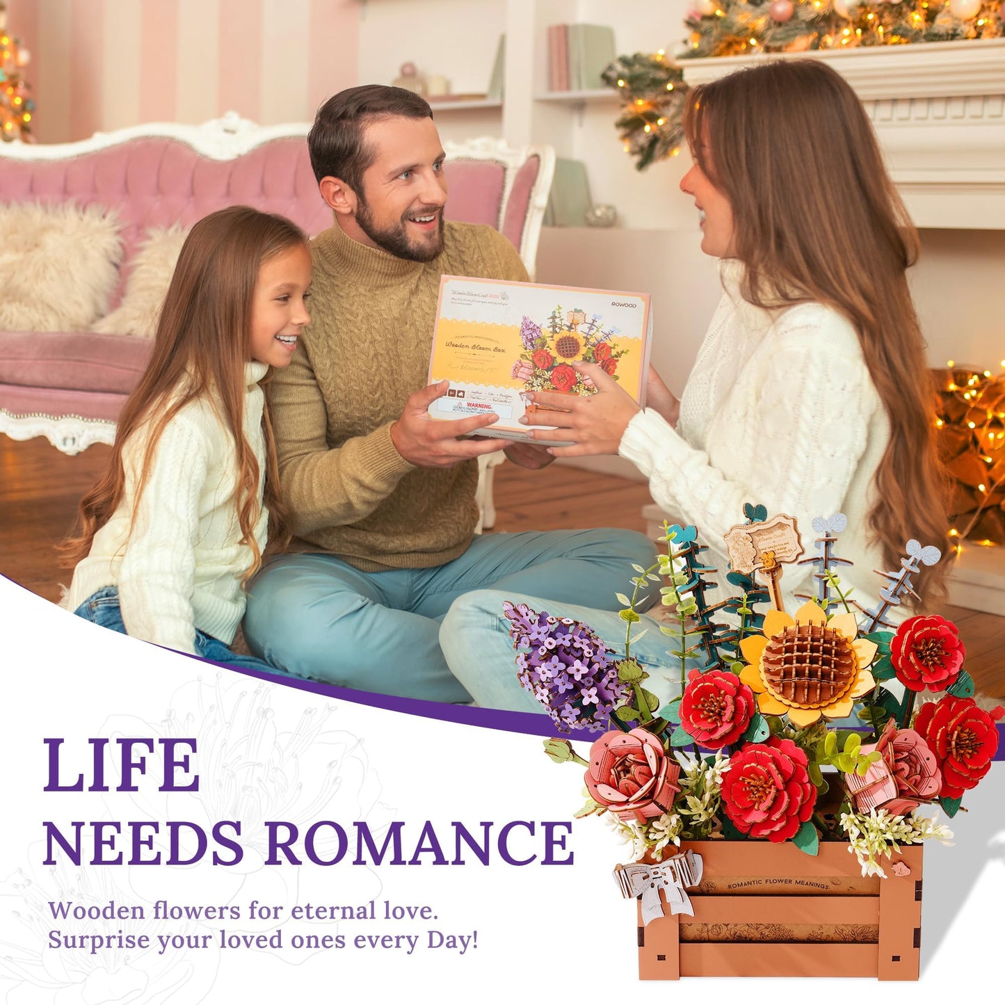 Wowood 3D Wooden Flower Puzzle for Adults-Wooden Bloom Box, DIY Craft Model Kit Building Set, Botanical Decor Creative Gift for Lovers Nature Enthusiasts (658PCS)