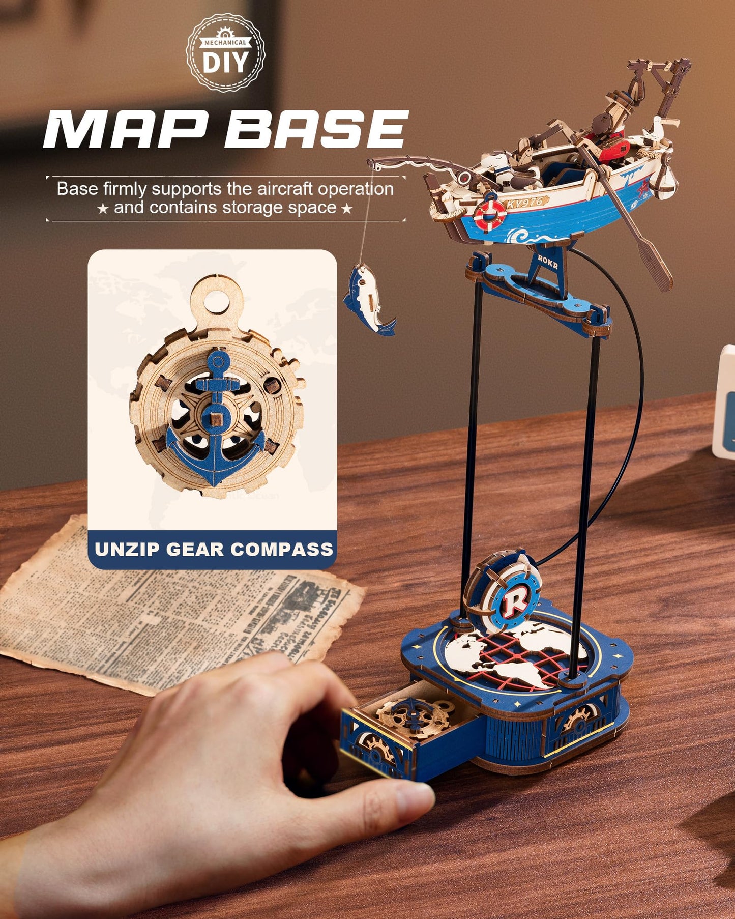 ROKR 3D Wooden Puzzles for Adults,Gravity Swing Ocean Fisher Model kit, 161Piece 3D Puzzles for Adults