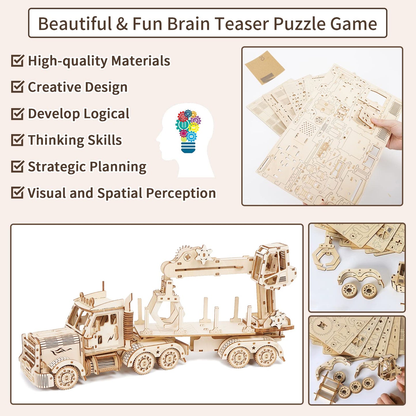 3D Wooden Puzzle for Adults, Wooden Mechanical Truck Crane Puzzles, DIY Model Building Kit Handicraft Wood Craft Hobbies Toy, Birthday for Hobbyist Teens Family Women Men, 428 Pieces