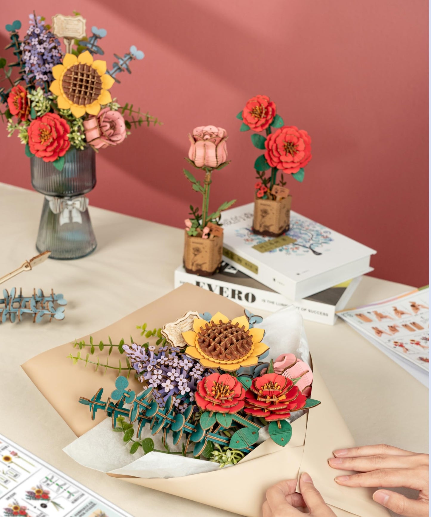 Wowood 3D Wooden Puzzles Flower Bouquet Model Kit Building Set for Adults, Wooden Flower Building Toy Botanical Collection, Creative Gift Idea Home Decor(Sunflower/Red Camellia/Pink Rose/Lilac)