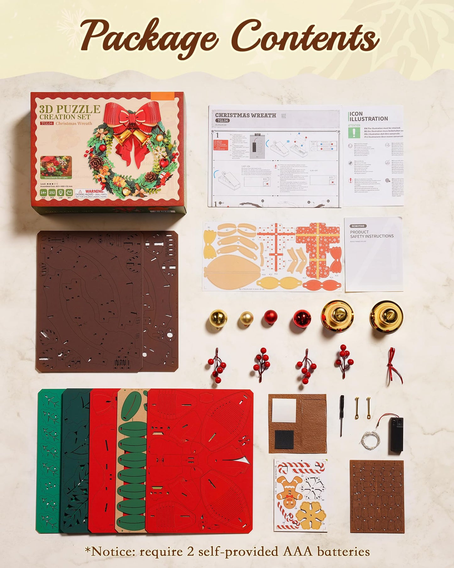 ROBOTIME Christmas Wreath with Red Bow, Pine Cones, Berries & Bells 3D Wooden Puzzles for Adults Creative Gifts for Holiday Window Fireplace Door Decorations