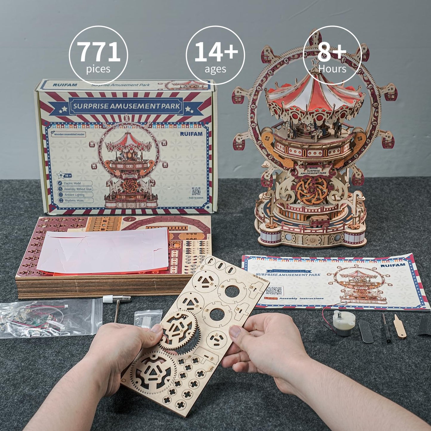 3D Puzzles for Adults, Wooden 3D Puzzle Model Surprise Amusement Park Music Box Toys Building Kits, DIY Wood Crafts Cool Toy Hobbies for Men Women, Creative Assembly Gifts