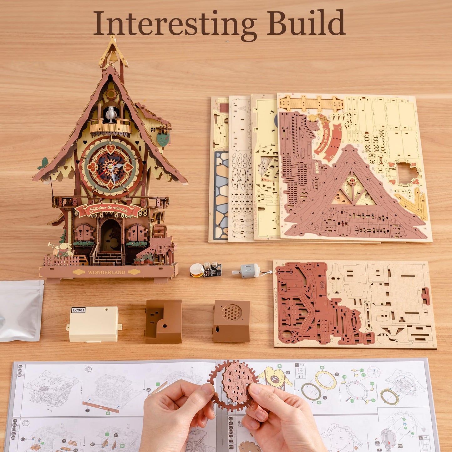 ROBOTIME 3D Wooden Puzzles for Adults-Cuckoo Clock Wooden Models for Adults to Build-435 Piece Model Kit with 2 Lights-Gift for Craft Enthusiast Model Building Set (Colourful)