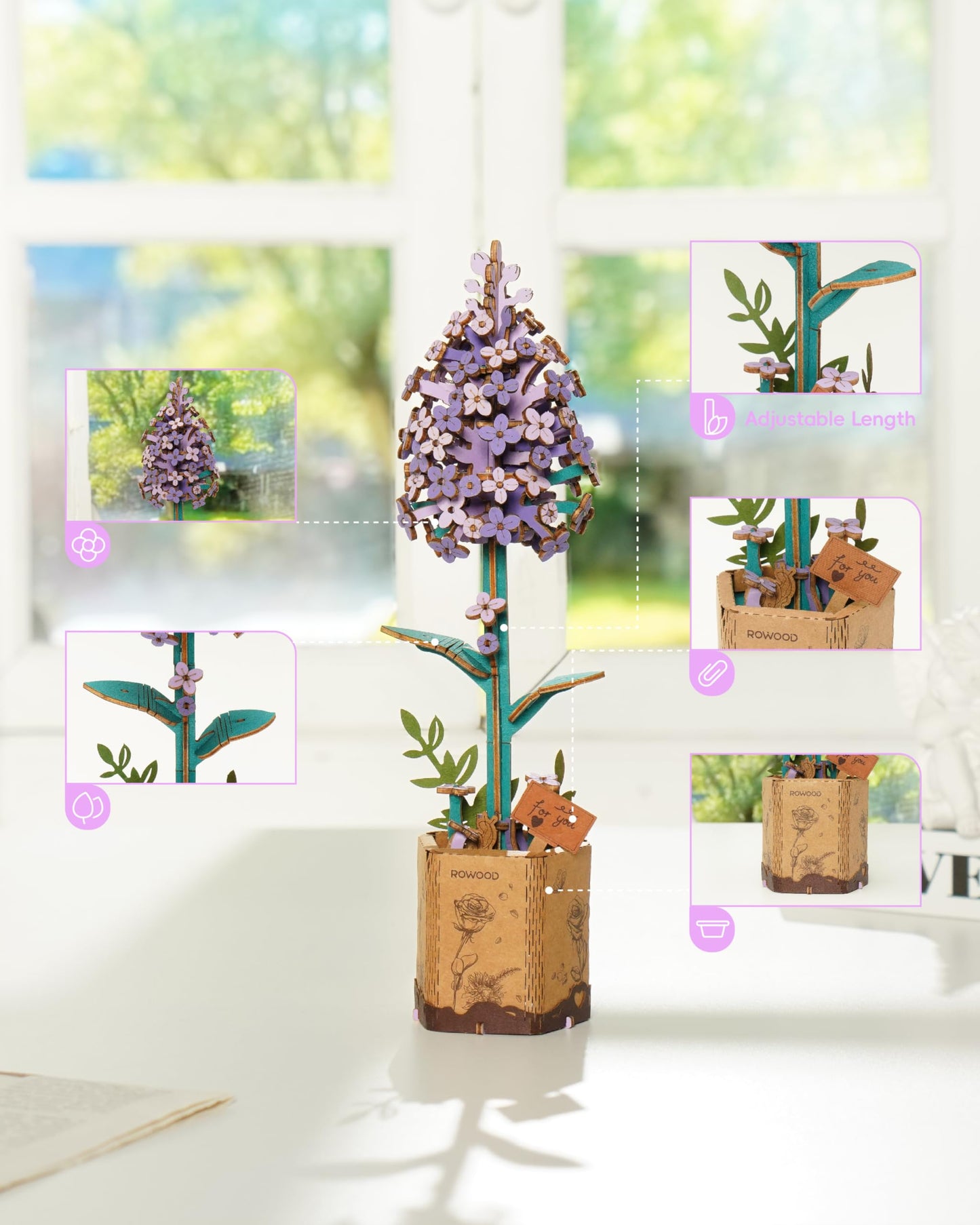 rowood 3D Puzzles for Adults,Wooden Artifical Flower Craft Kit,DIY Botanical Collection Building Toy Set,Mother's Day/Valentine's Day/Thanksgiving Day/Christmas/Birthday Gift -Lilac