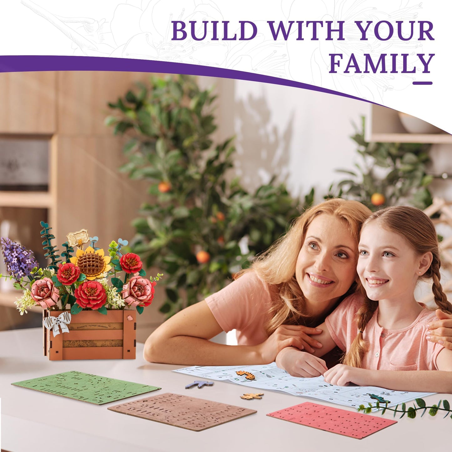 Wowood 3D Wooden Flower Puzzle for Adults-Wooden Bloom Box, DIY Craft Model Kit Building Set, Botanical Decor Creative Gift for Lovers Nature Enthusiasts (658PCS)