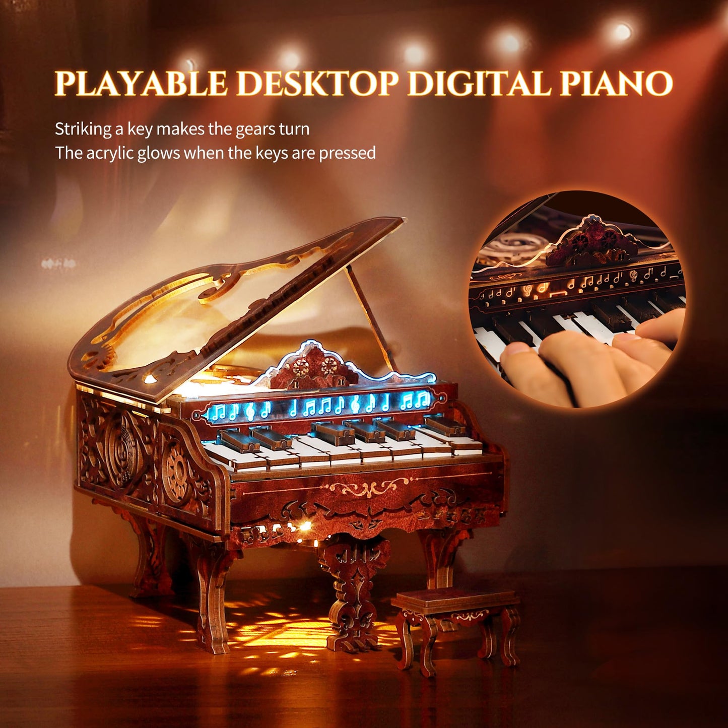FUNPOLA 3D Wood Puzzle Piano Kit, Playable Wooden Keyboard Model with LED Lights, Interactive Craft Kit & Digital Piano Puzzle for Adults and Kids（with LED