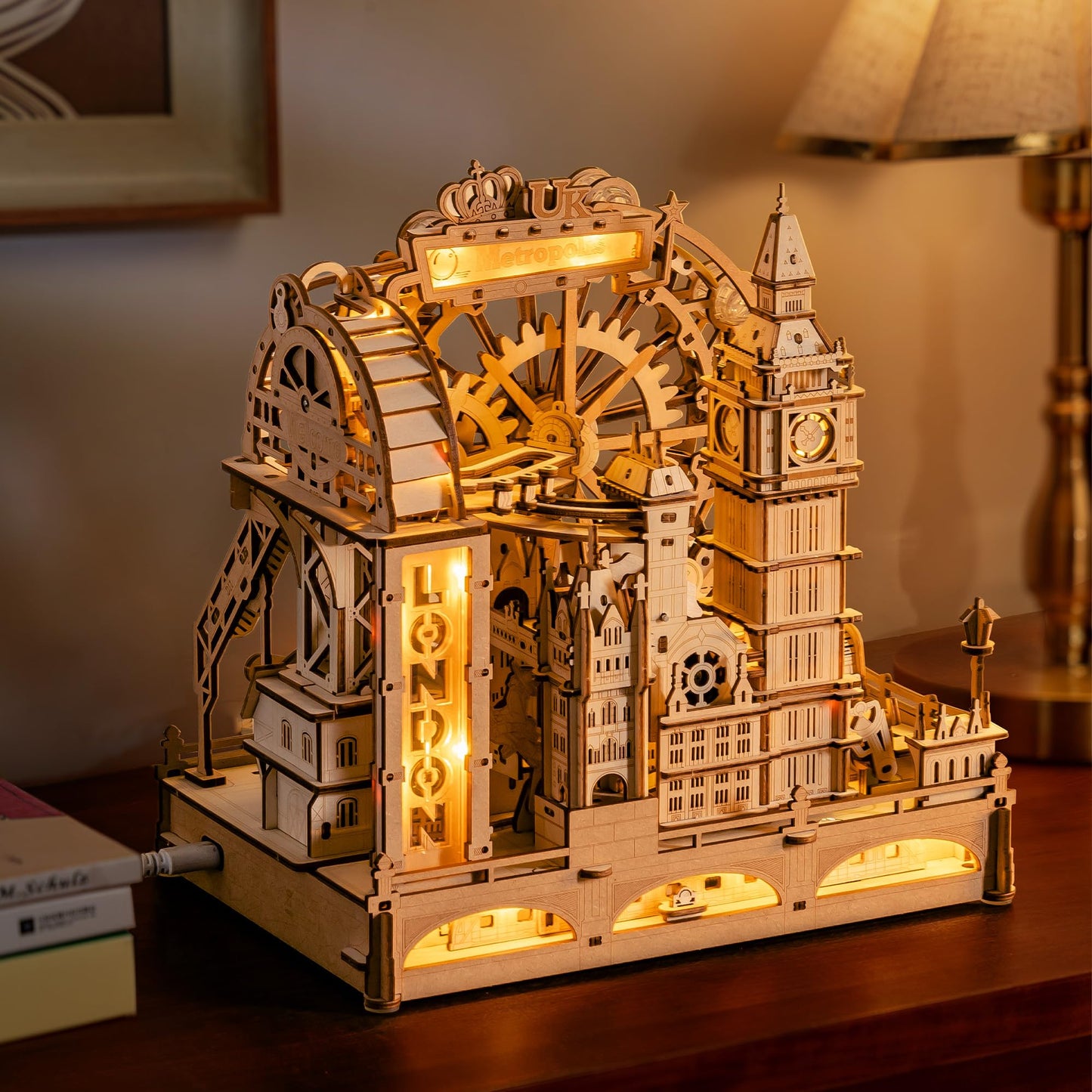 ROKR Marble Travel London, 3D Wooden Puzzles for Adults, Marble Run Kit Adults to Build, 3D Wooden Puzzle with LED, Unique Gift for Men Women