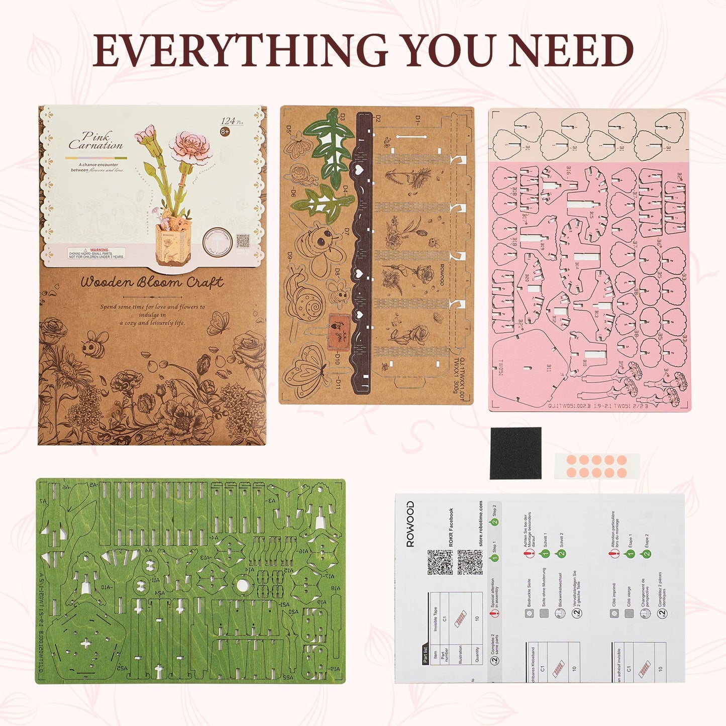 ROBOTIME 3D Pink Carnation Wood Flower Puzzle Kit TW051, DIY Artificial Table Centerpiece for Home Decor, Mother's Day, Birthday Gift for Mom and Women