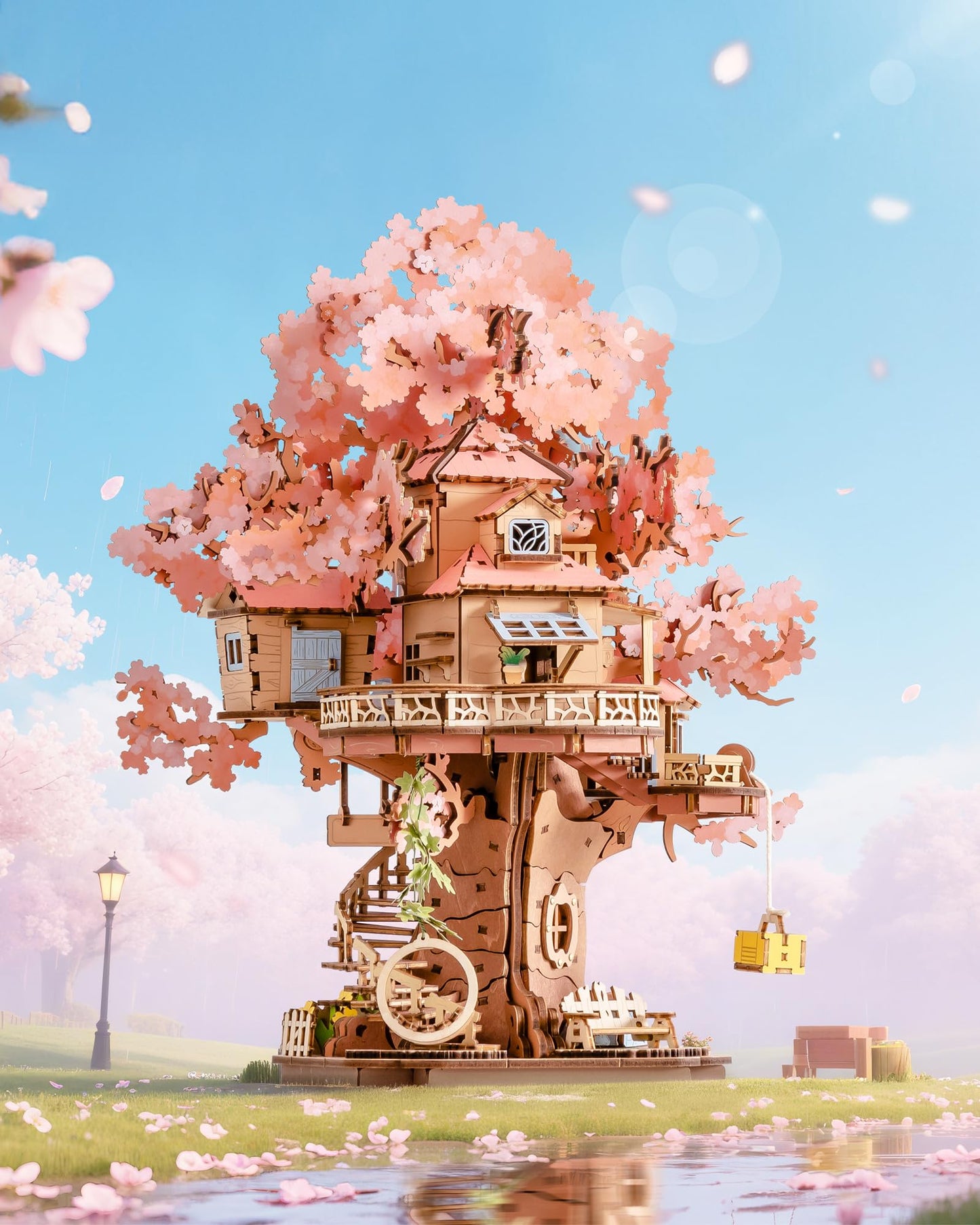ROBOTIME DIY Miniature House Kits for Adults, 3D Wooden Puzzles for Teenager, Japanese Cherry Blossom Tree Sakura Bonsai Plants for Birthday Gifts and Hobbies (Sakura Tree House)