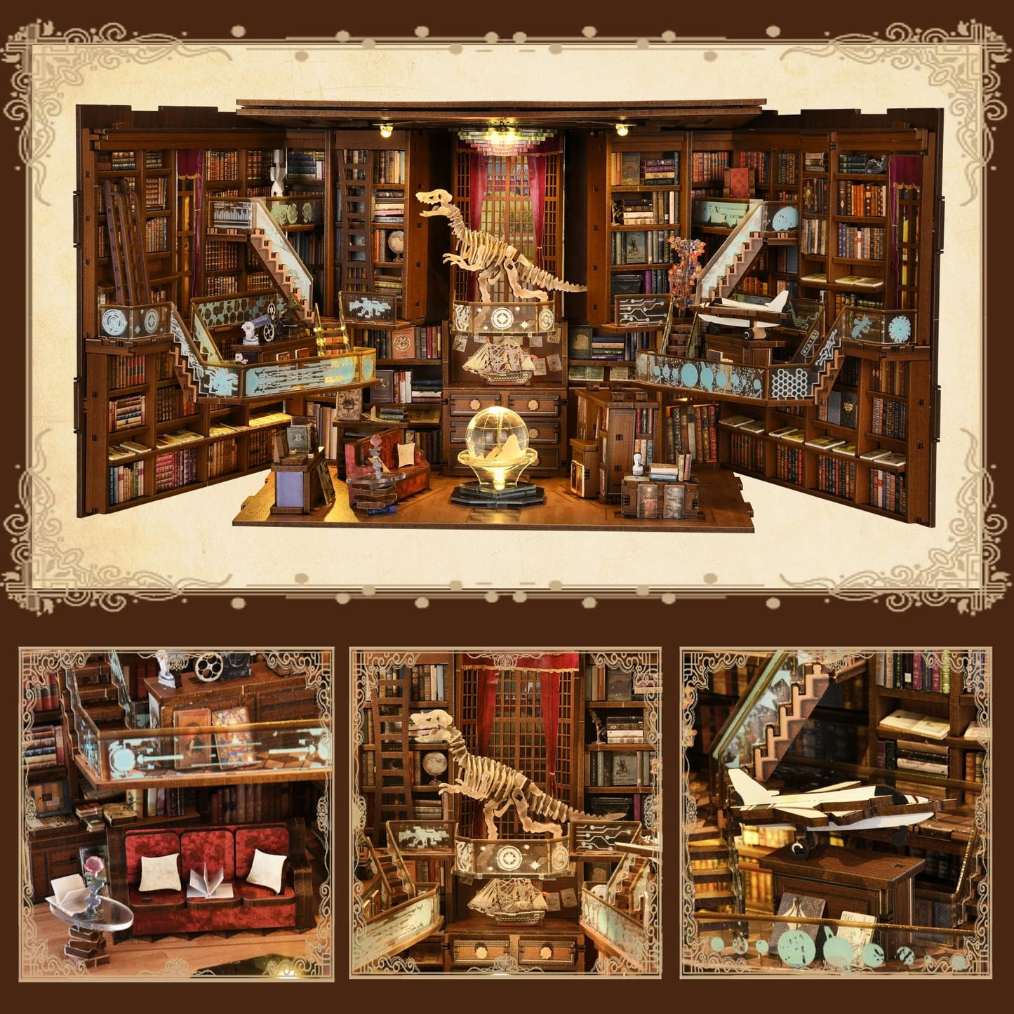 CCCDF DIY Book Nook Kit, Miniature Dollhouse Booknook Kit, 3D Wooden Puzzle Bookend Bookshelf Insert Decor with LED Light for Teens and Adults (Beyond Library Max)