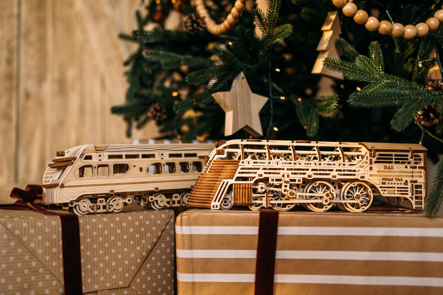 Wood Trick Atlantic Express Train 3D Wooden Puzzles for Adults to Build - 26.7x4 in - Rides up to 9 ft - Mechanical Locomotive Model Kit for Adults