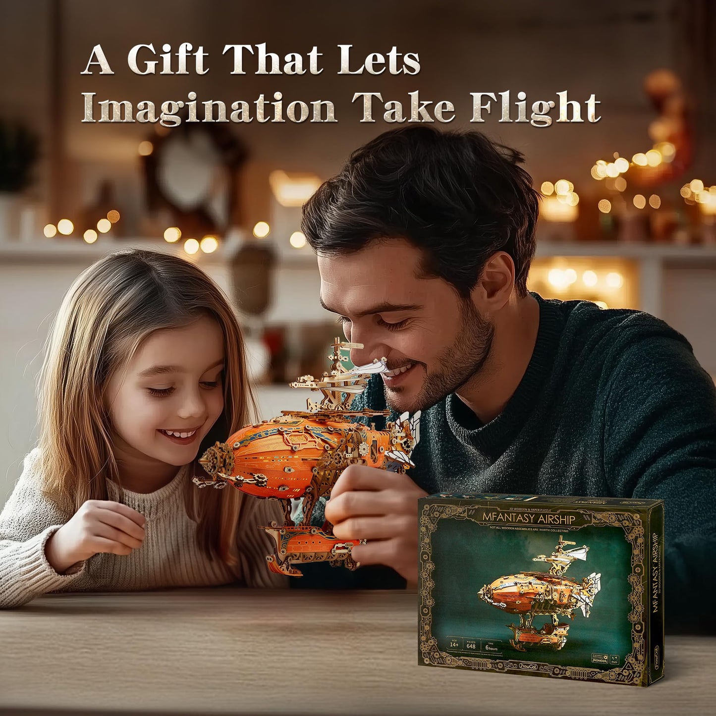 FUNPOLA LED 3D Wood Puzzle Fantasy Airship Model - Steampunk DIY Craft Kit with LED Lights – Intricate Wooden Airship Model Building Set for Teens and Adults(Orange)