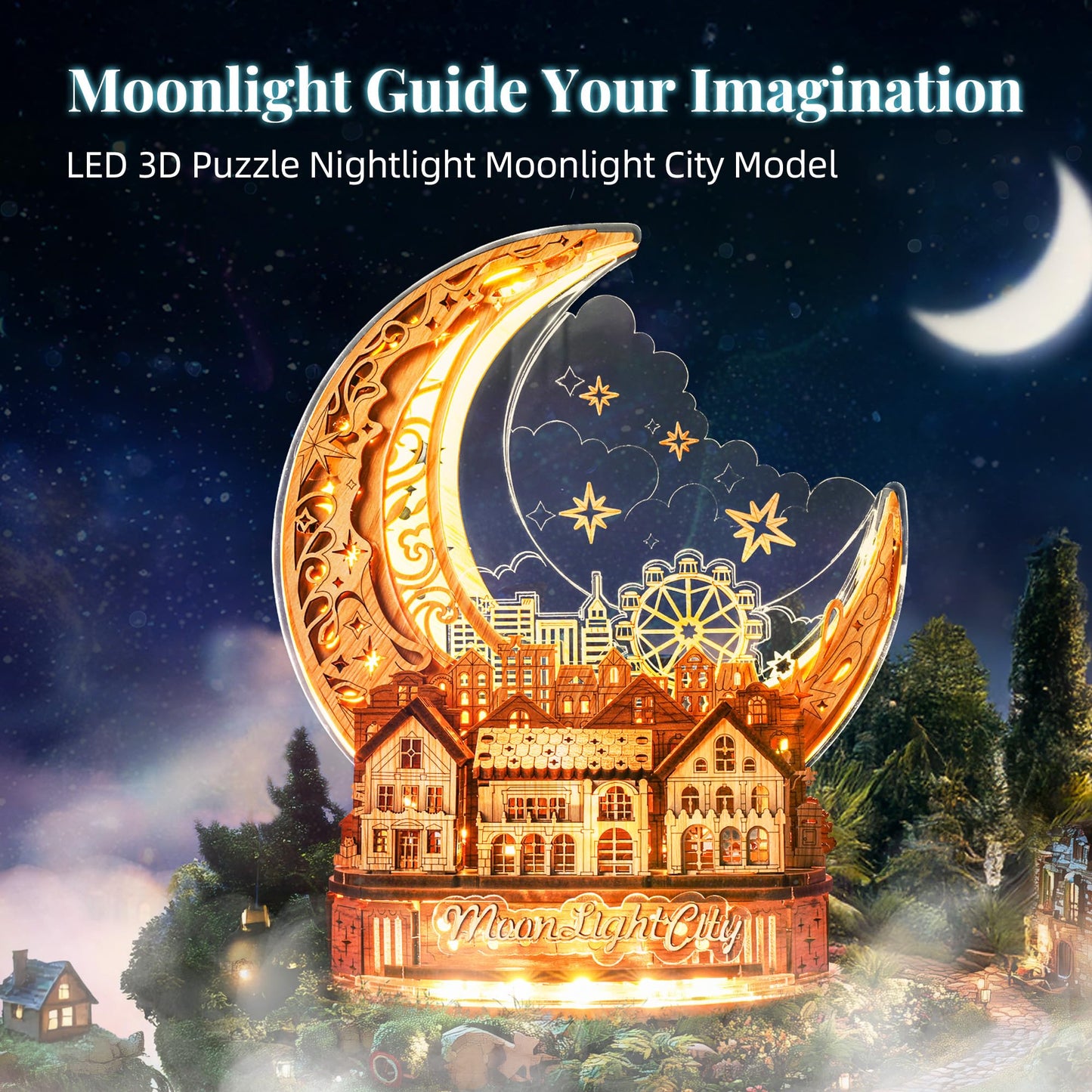 FUNPOLA 3D DIY Puzzle Moon City Model - LED 3D Wood Puzzle - 3D Wooden Puzzles for Adults Home Décor Gifts for Kids and Adults, Brown
