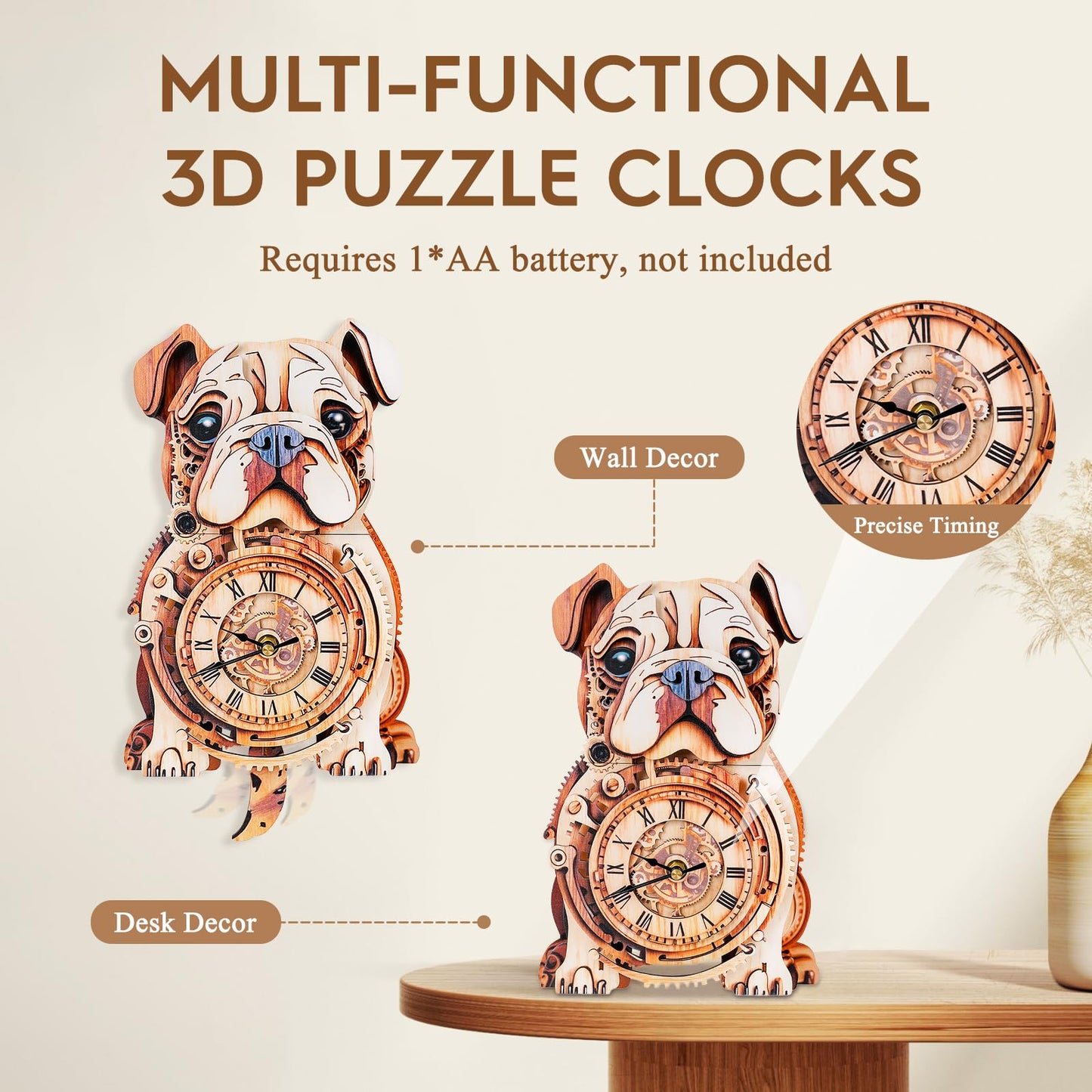 Cutywood 3D Puzzle for Adults Bulldog Clock - Mechanical DIY Wall Clock Kit Model Building Set Hobbies for Women Men Puzzle Home Decor & Stress Relief Craft Unique Gift for DIY Lovers