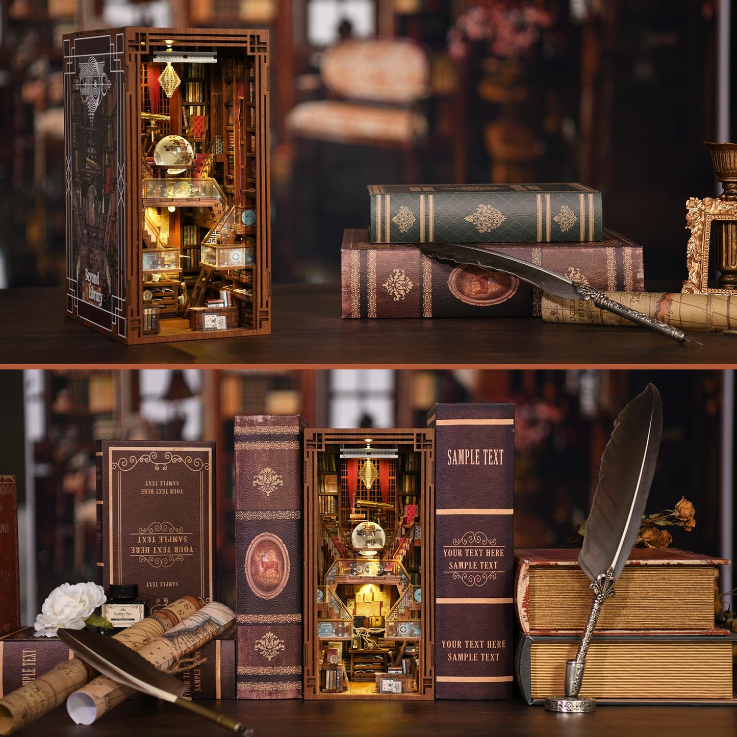 CCCDF DIY Book Nook Kit, DIY Miniature Dollhouse Booknook Kit, 3D Wooden Puzzle Bookend Bookshelf Insert Decor with LED Light for Teens and Adults (Beyond Library)