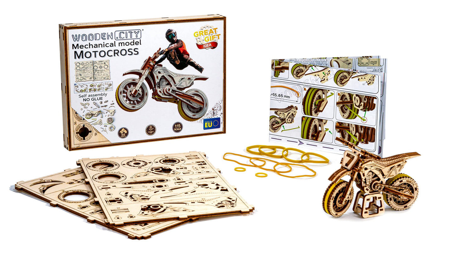 WOODEN.CITY Motocross 3D Puzzle for Adults - Hobby Kit to Build Your Own Wooden Bike - 3D Model Motorcycle Kit - Wood Model Kit