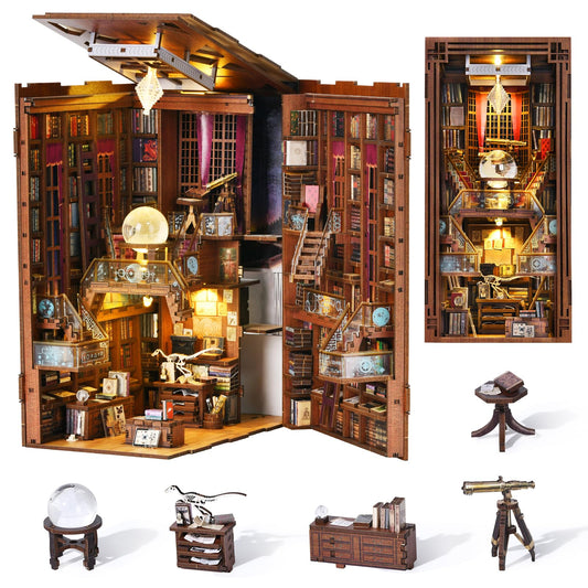CCCDF DIY Book Nook Kit, DIY Miniature Dollhouse Booknook Kit, 3D Wooden Puzzle Bookend Bookshelf Insert Decor with LED Light for Teens and Adults (Beyond Library)