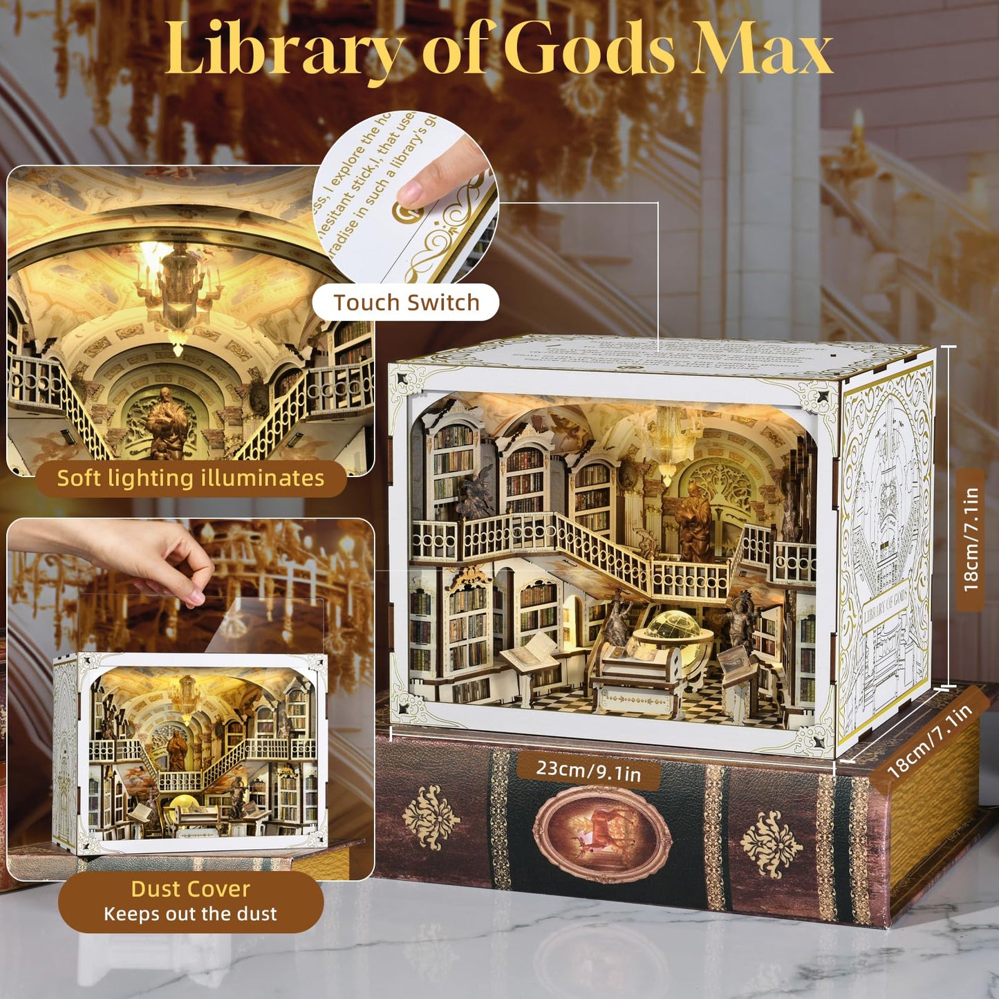 CCCDF DIY Book Nook Kit, Miniature Dollhouse Booknook Kit, 3D Wooden Puzzle Bookend Bookshelf Insert with LED Light for Teens and Adults(Library of Gods Max)