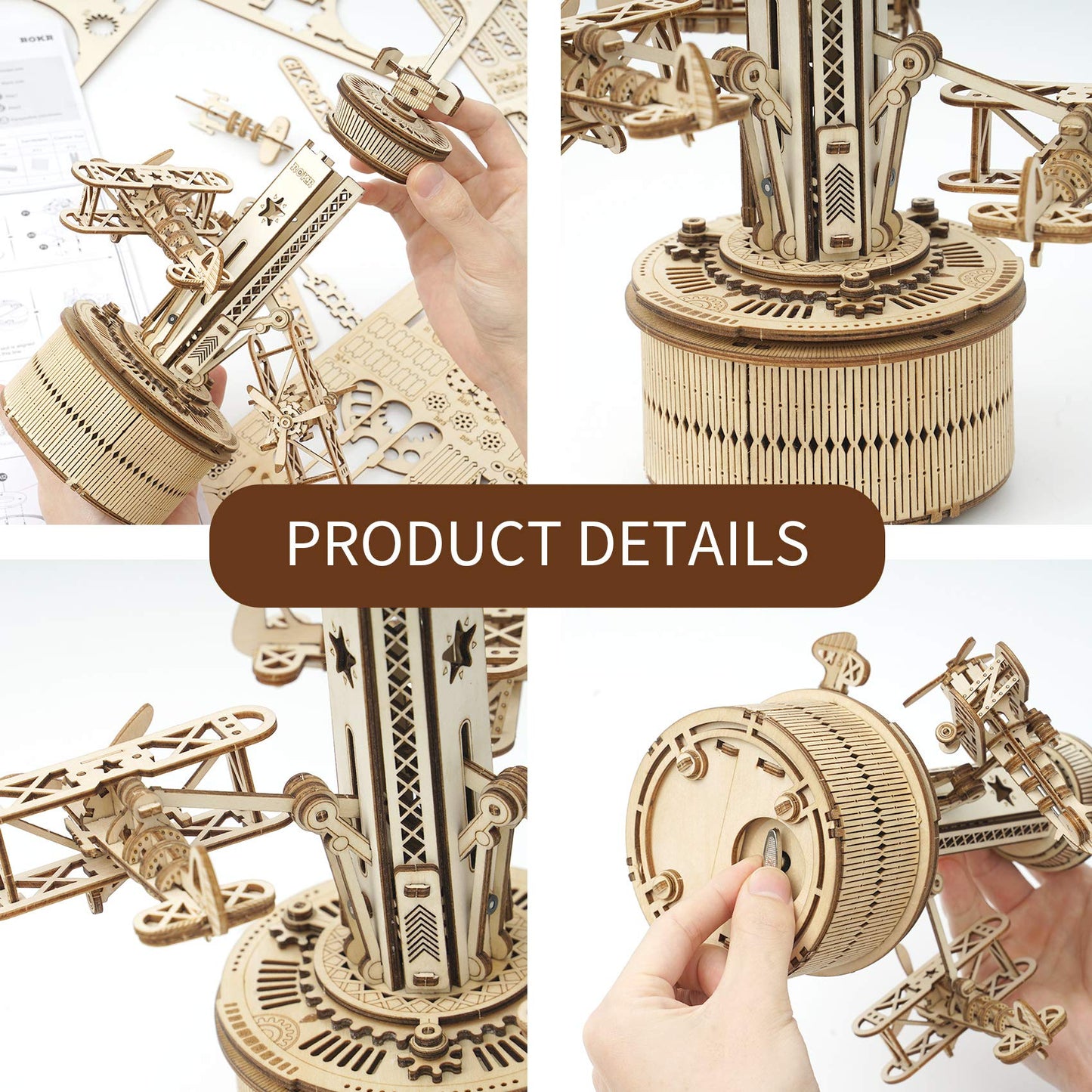 ROKR Wooden Music Box Puzzle, DIY Airplane Tower, 1 Set, Desk Decor for Adults & Teens, Non-Toxic, Hand-Eye Coordination, Gift for Boys & Girls Ages 14+