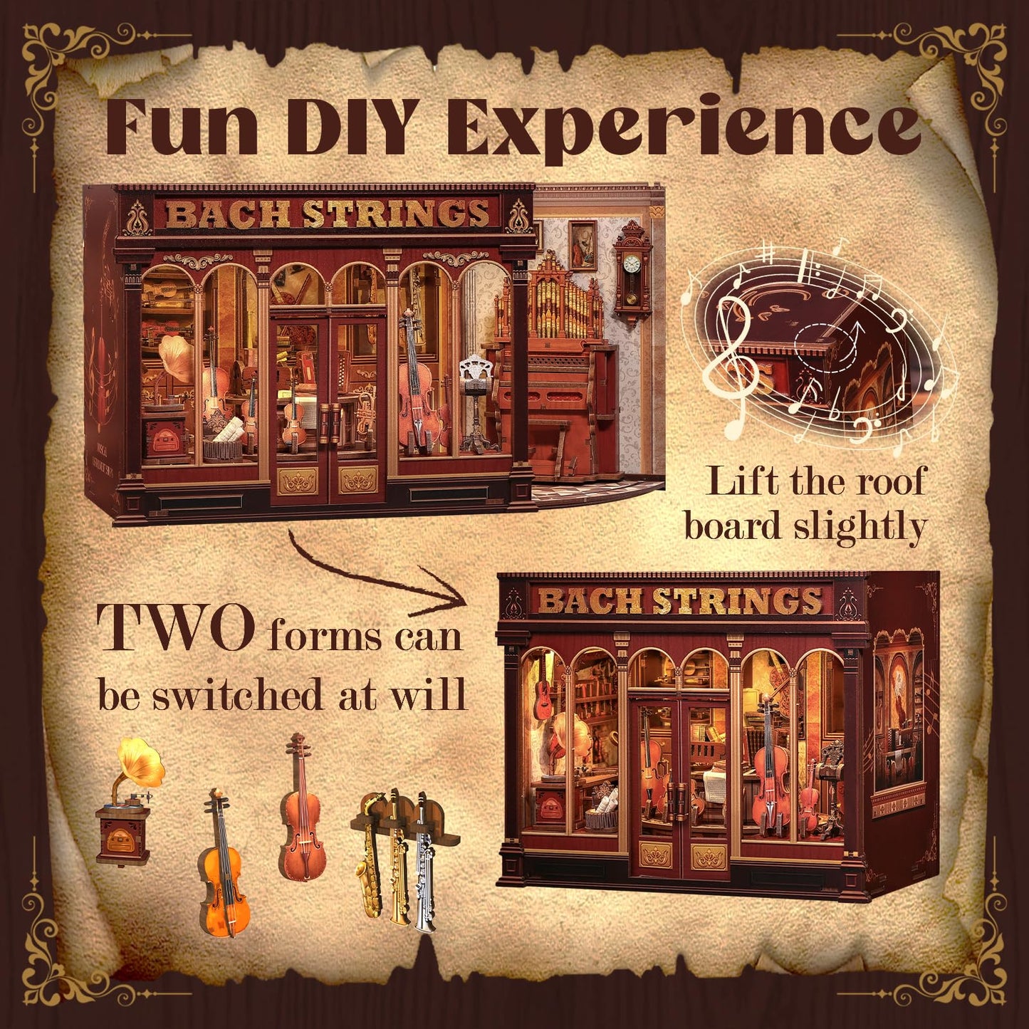 Cutefun Book Nook Kit - DIY Miniature House Dollhouse Kit, Book Nook Kits for Adults, Bookshelf Insert Bookend with LED Light for Teens and Adults (Bach Strings)