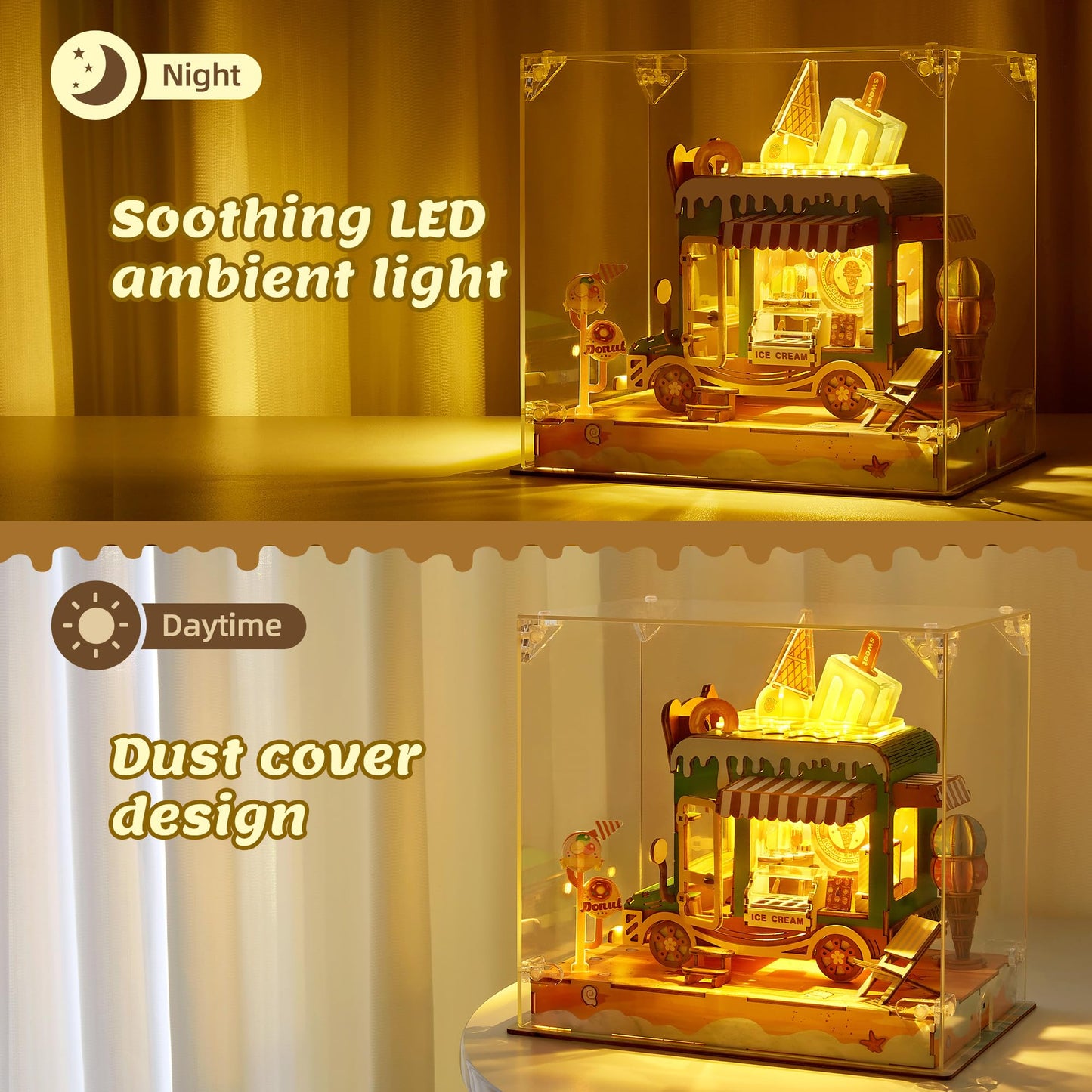 FUNPOLA 3D Wood Puzzle Ice Cream Truck Model - DIY Miniature Food Truck Dollhouse Vehicle Craft Kit with LED Lights - Perfect Creative Gift for Kids and Adults (Ice Cream Truck)