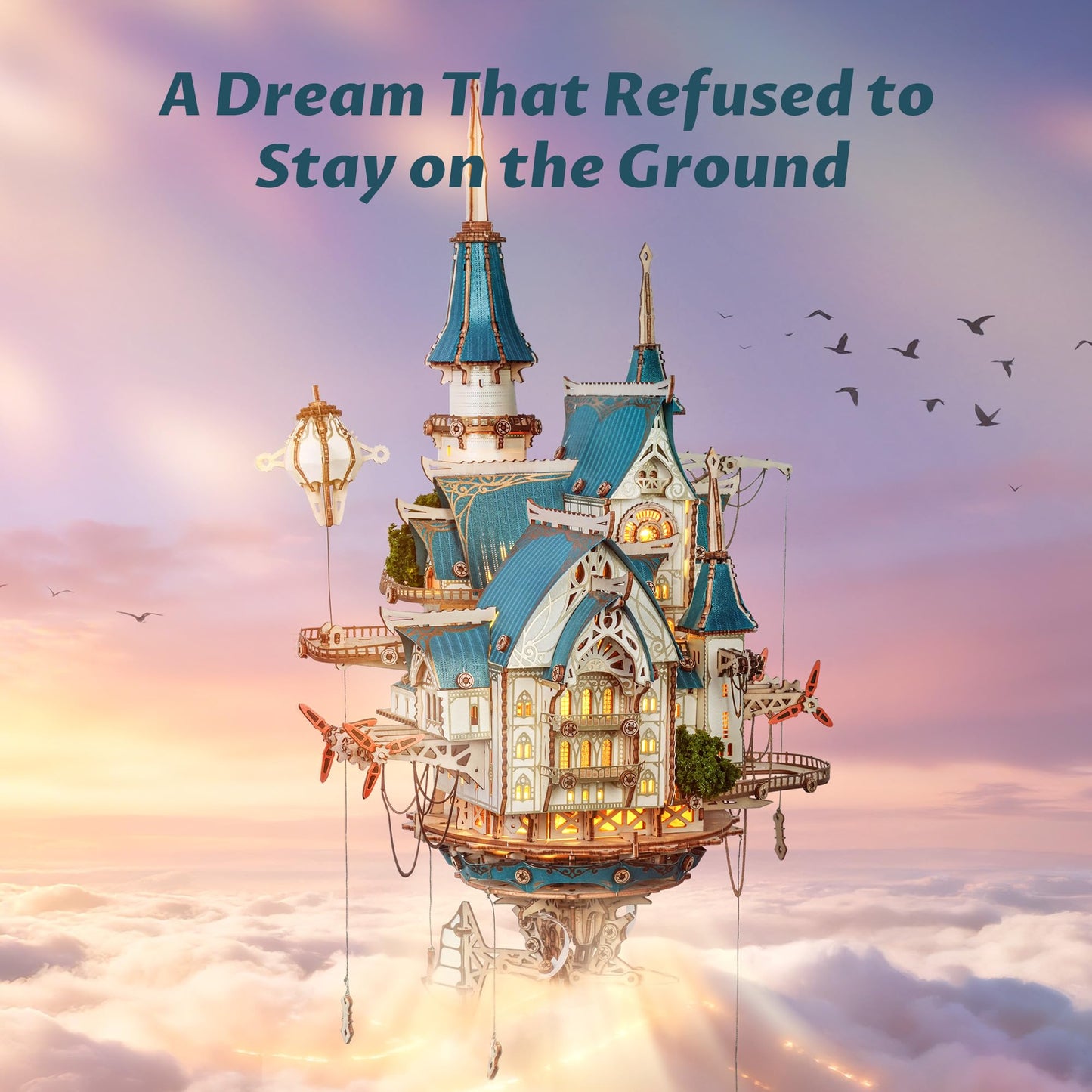 FUNPOLA 3D Wooden Puzzle Steam Castle Model – Steampunk Baroque Floating Castle DIY Building Kit with Mechanical Gears, Unique Gift for Adults and Teens