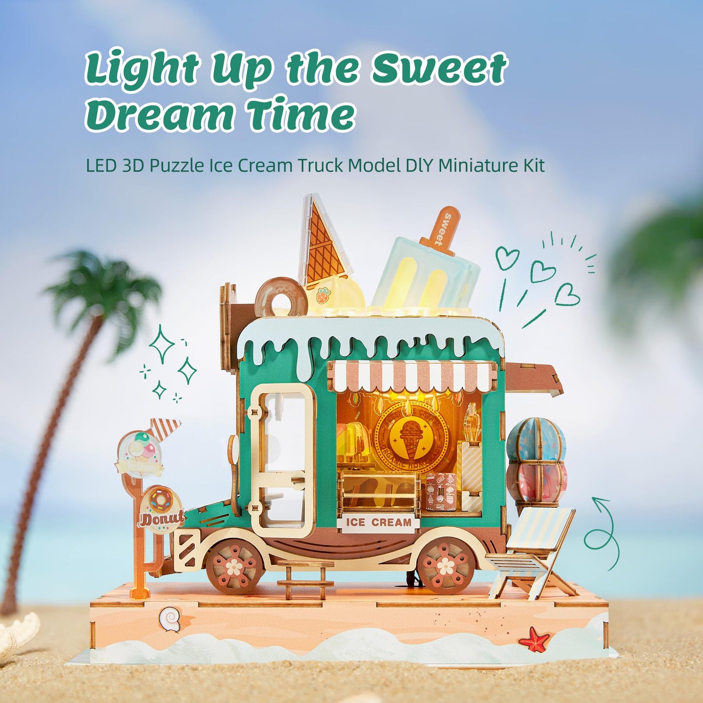 FUNPOLA 3D Wood Puzzle Ice Cream Truck Model - DIY Miniature Food Truck Dollhouse Vehicle Craft Kit with LED Lights - Perfect Creative Gift for Kids and Adults (Ice Cream Truck)