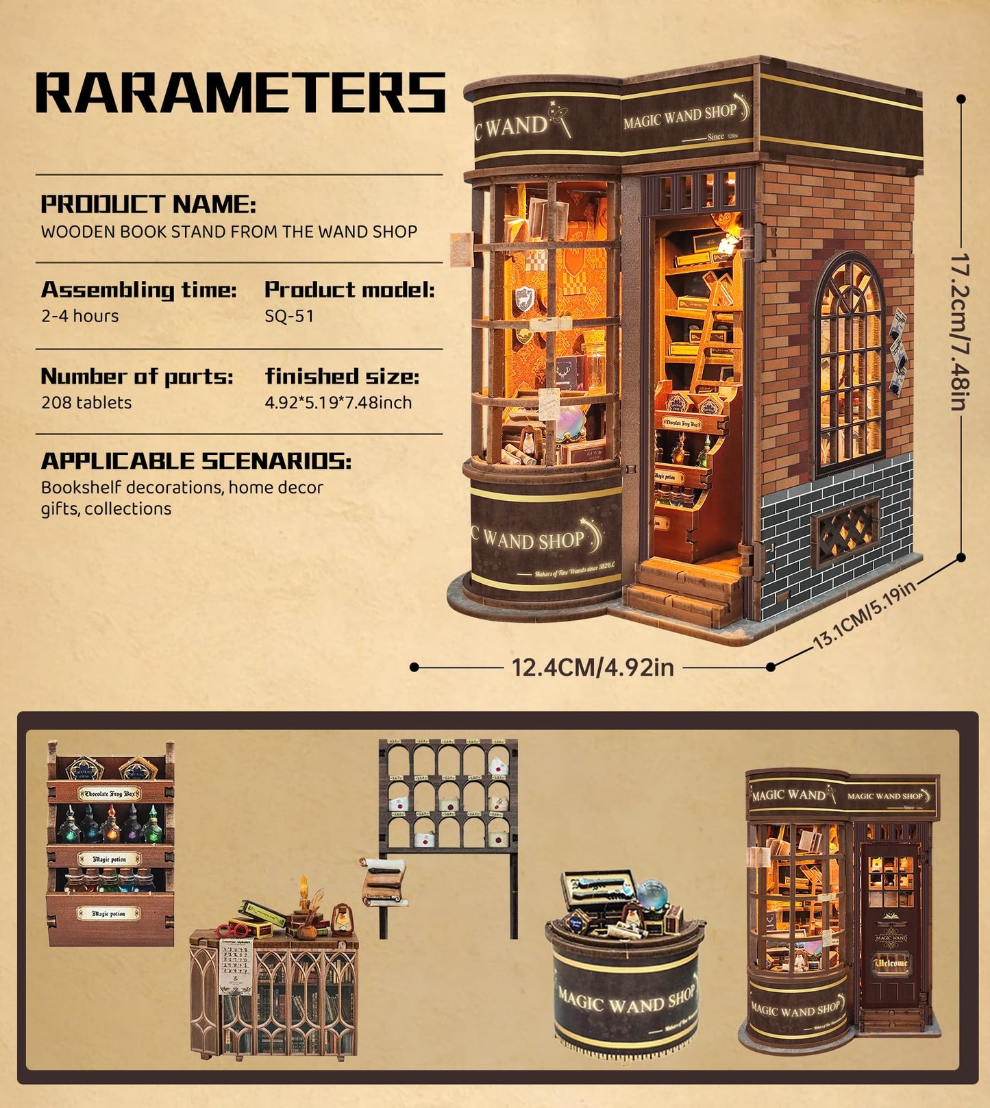 BookTop DIY Miniature Magic Series Booknook Kit, Dollhouse Tiny House Model Build Bookshelf Decor,with LED Light and Dust Cover，for Adults and Teens，Gifts for Family, Friends（Magic Shop）