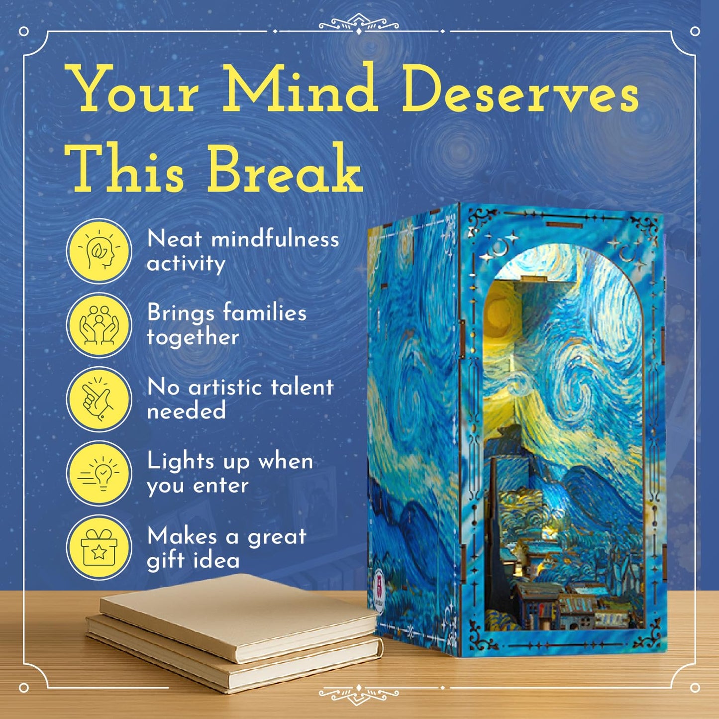 DIY Book Nook Kit - Vangogh Mini House Building Nook Kits for Adults - Wooden 3D Puzzle Bookshelf Accessory for Artisans - Perfect DIY Miniature House Kit & Creative Bookends Gift for Book Lovers