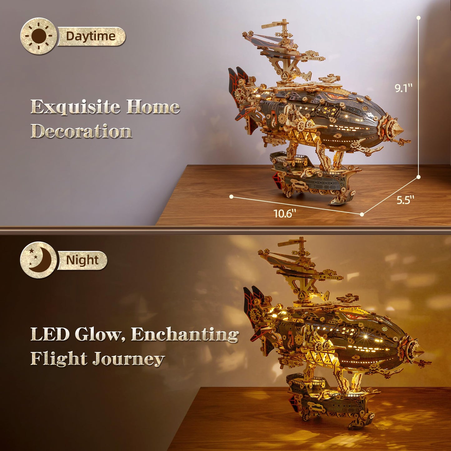 FUNPOLA LED 3D Wood Puzzle Fantasy Airship Model - Steampunk DIY Craft Kit with LED Lights – Intricate Wooden Airship Model Building Set for Teens and Adults(Gray)