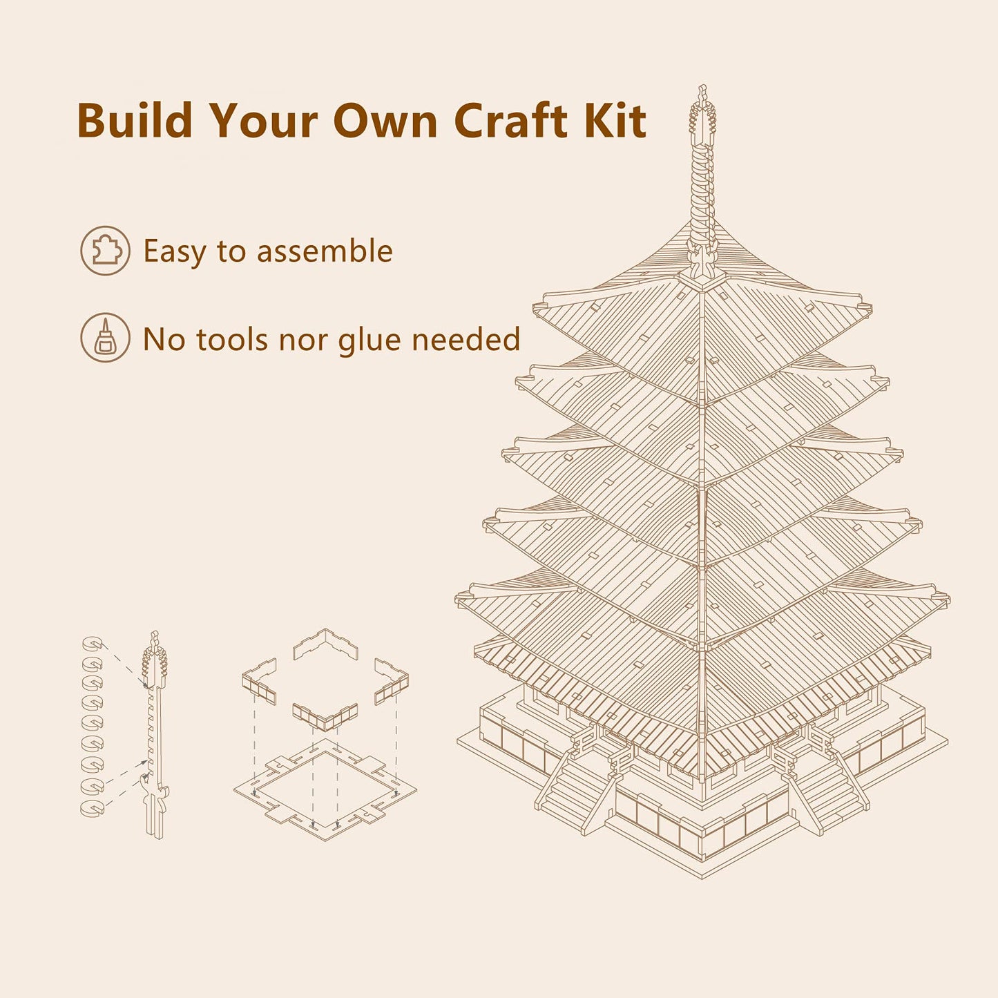ROBOTIME 3D Puzzle Wooden Craft Kits for Adults DIY Model Building Kit Best Gift for Kids (Five-Storied Pagoda)