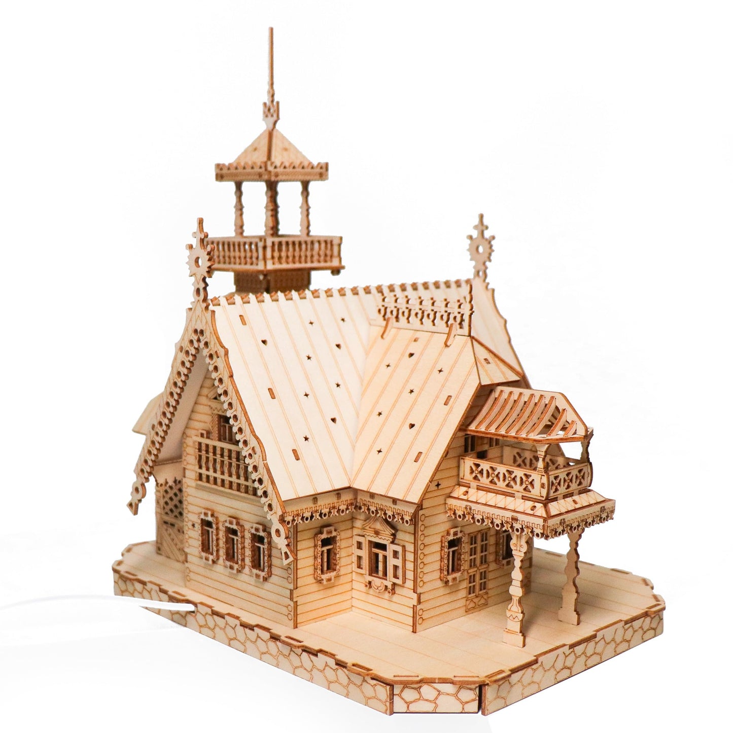 KWASVLYA Vintage Villa 3D Wooden Puzzle,Building Kits for Adults and Teens,Educational Brain Teaser Assembly Model with LED Lights,Skill Building and Creative Fun